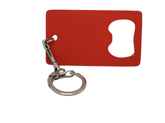 a red card holder with a metal carabine