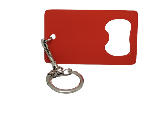 a red card holder with a metal carabine